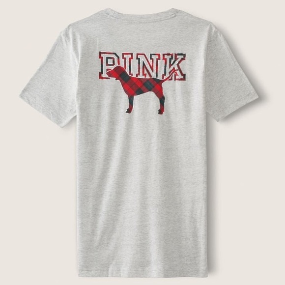 Victoria’s Secret PINK Campus Short Sleeve Tee Grey Red Plaid Graphic Large NEW - Picture 4 of 5